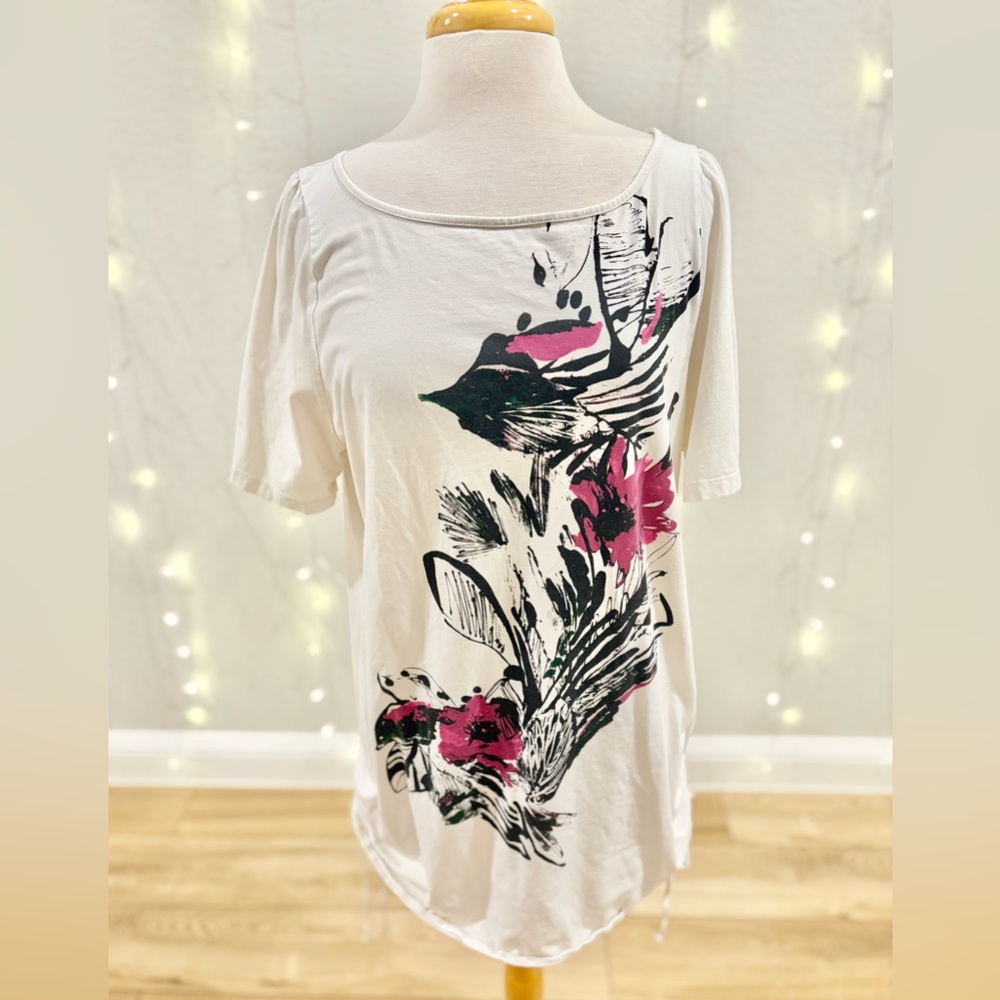 Lane Bryant Abstract Print White Tunic Top with Side Ties Black & Purple Design